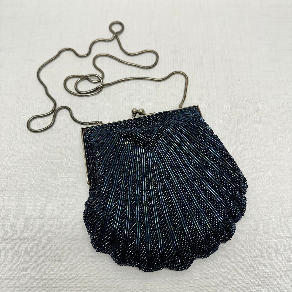 Cadaz Beaded Clam Shell Mini Purse Navy Blue